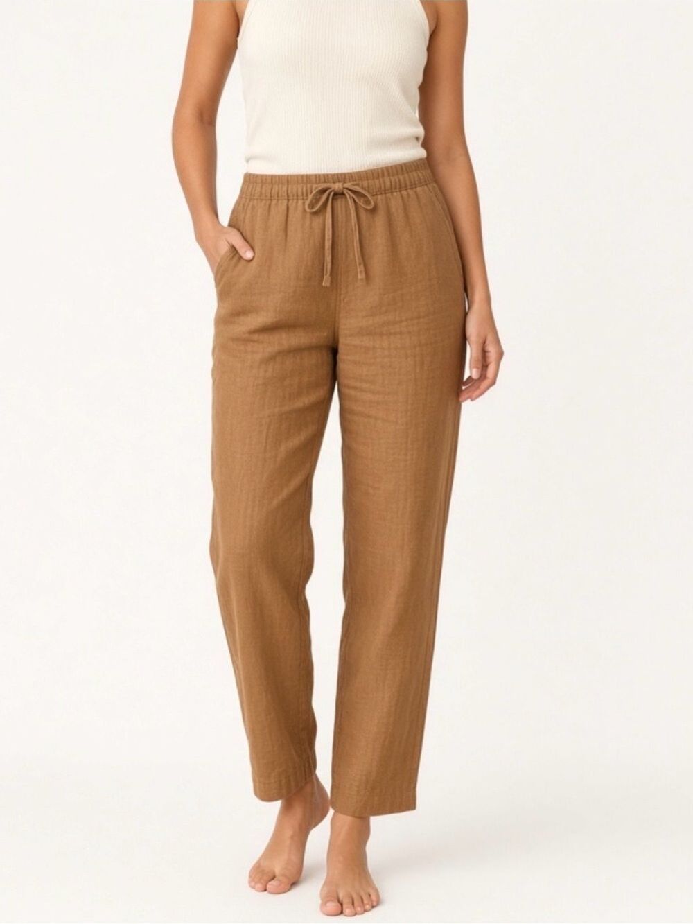 Zara Brown Linen Blend Drawstring Jogger Pants Size L - Casual Everyday Pockets